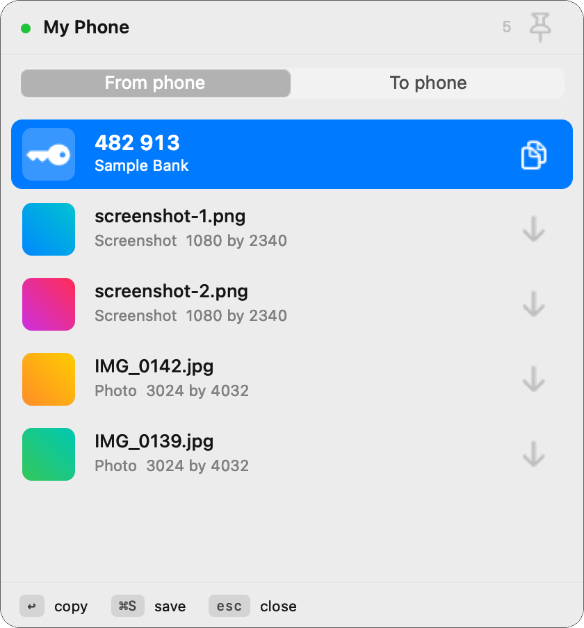 The tomac panel on a Mac: a six digit code from Sample Bank at the top, recent screenshots and photos below it